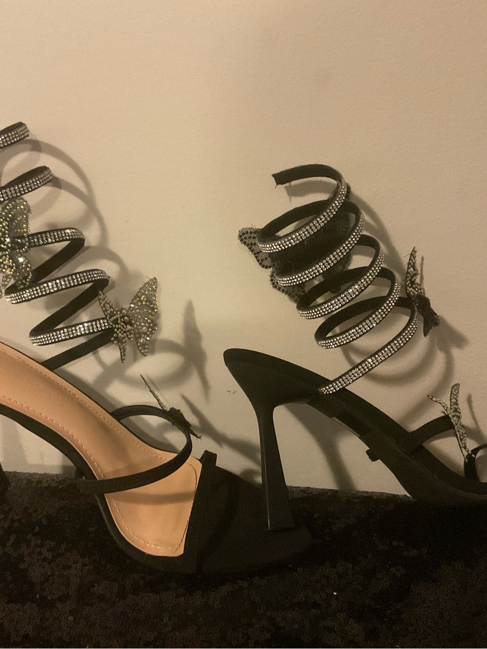 Black Rhinestone Spiral-Strap High Heel Sandals